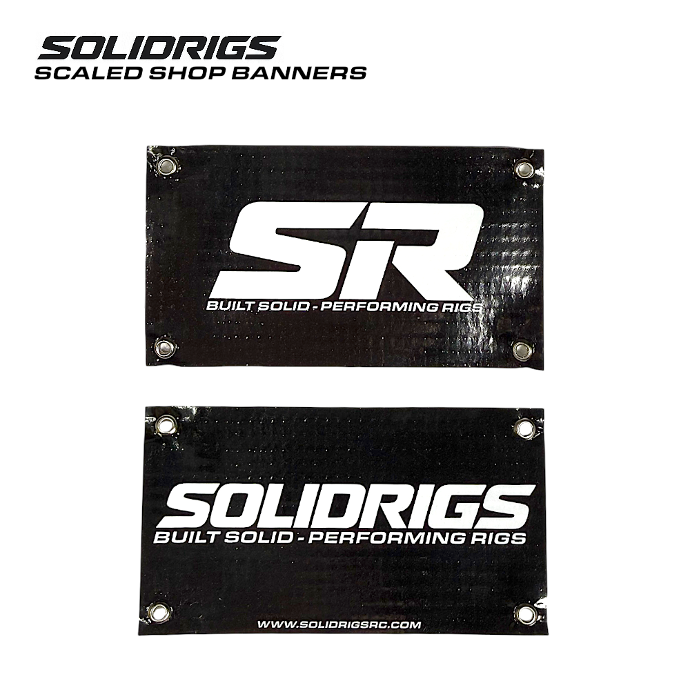 SOLIDRIGS RC scaled garage banner, 4x2.5 inches, featuring bold graphics and branding for RC car enthusiasts.
