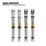 SCX-24 RC shock absorbers with 53mm threaded design by SOLIDRIGS RC, showing close-up of shocks mounted on RC vehicle.